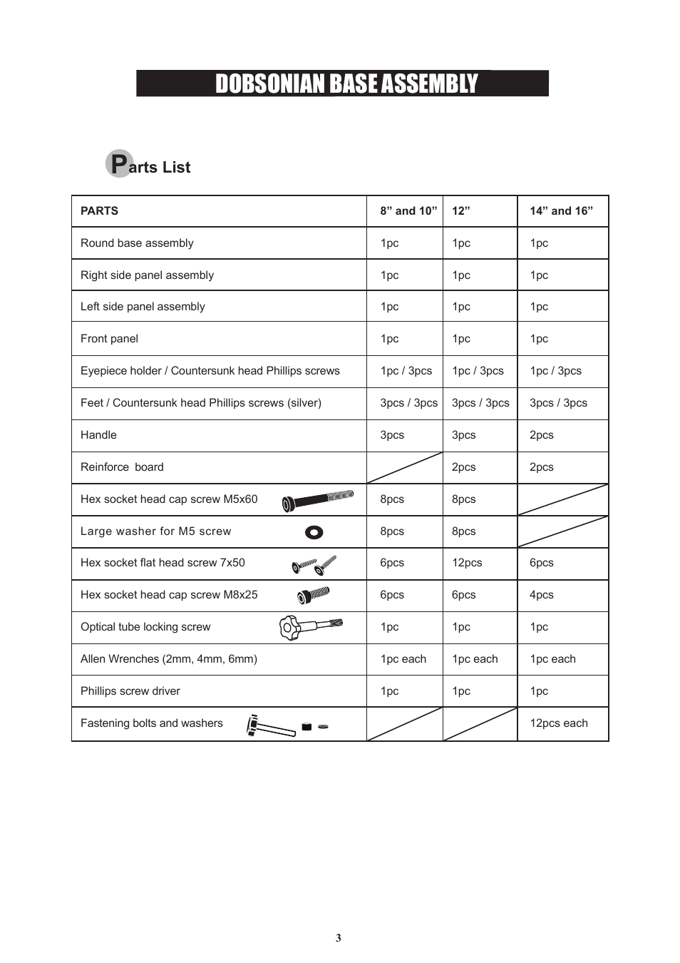 Dobsonian base assembly, Arts list | Sky-Watcher DOB16 User Manual | Page 3 / 29