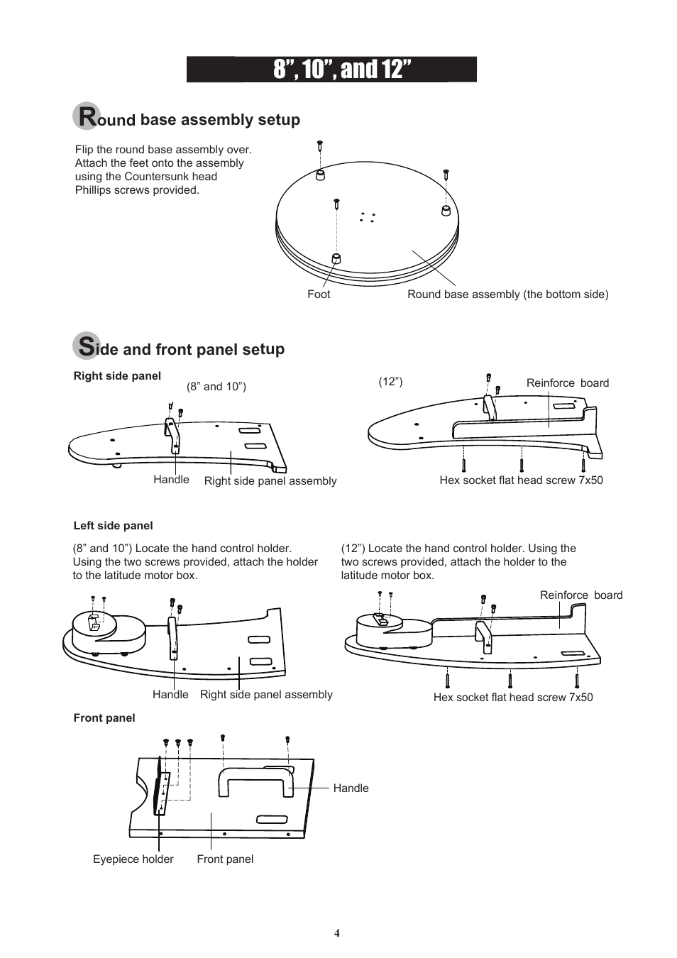 Ide and front panel setup, Ound base assembly setup | Sky-Watcher DOB16 User Manual | Page 4 / 29