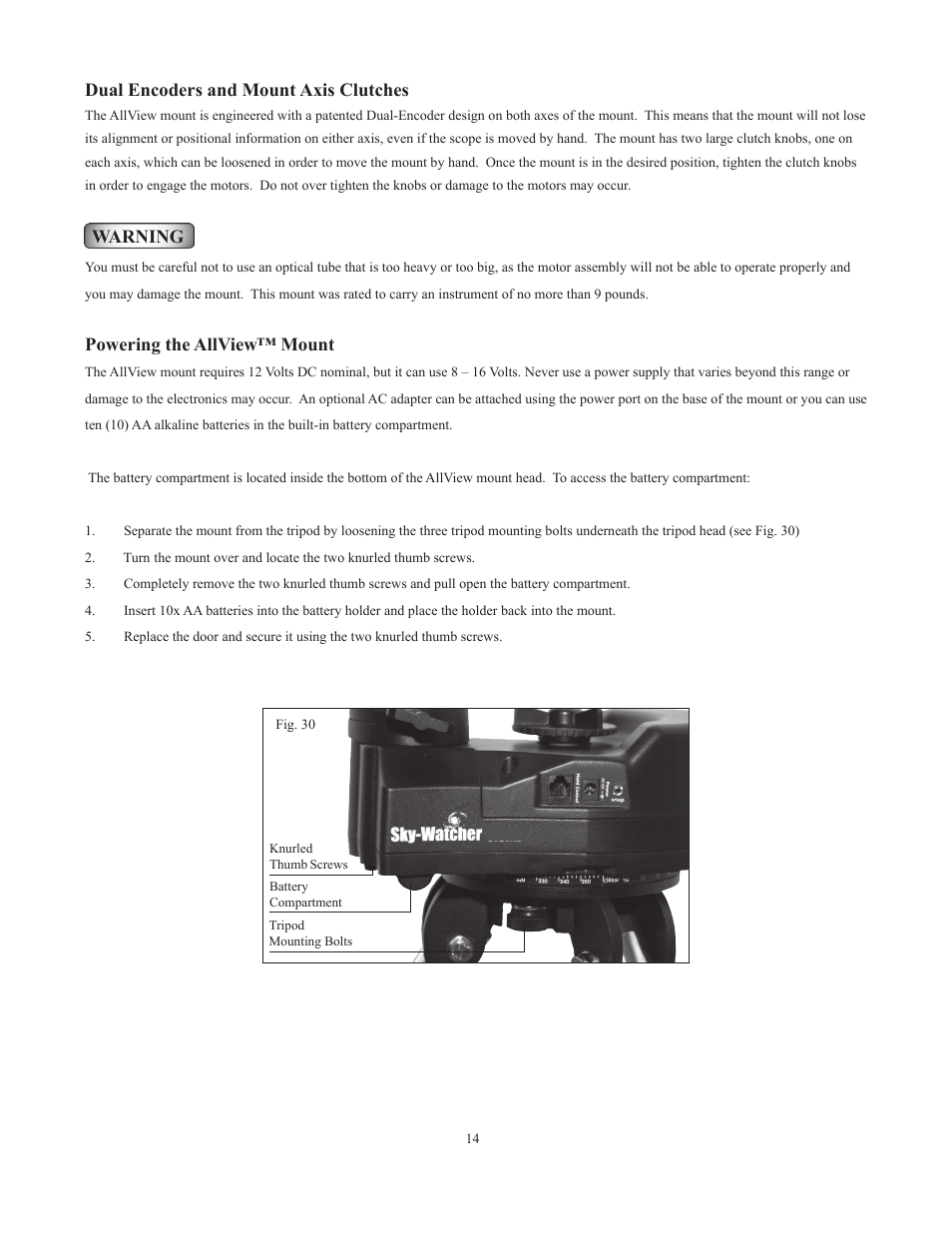 Dual encoders and mount axis clutches, Warning, Powering the allview™ mount | Sky-Watcher Multi-Purpose Computerized Mount User Manual | Page 14 / 44