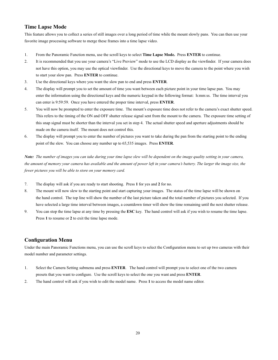 Time lapse mode, Configuration menu | Sky-Watcher Multi-Purpose Computerized Mount User Manual | Page 20 / 44