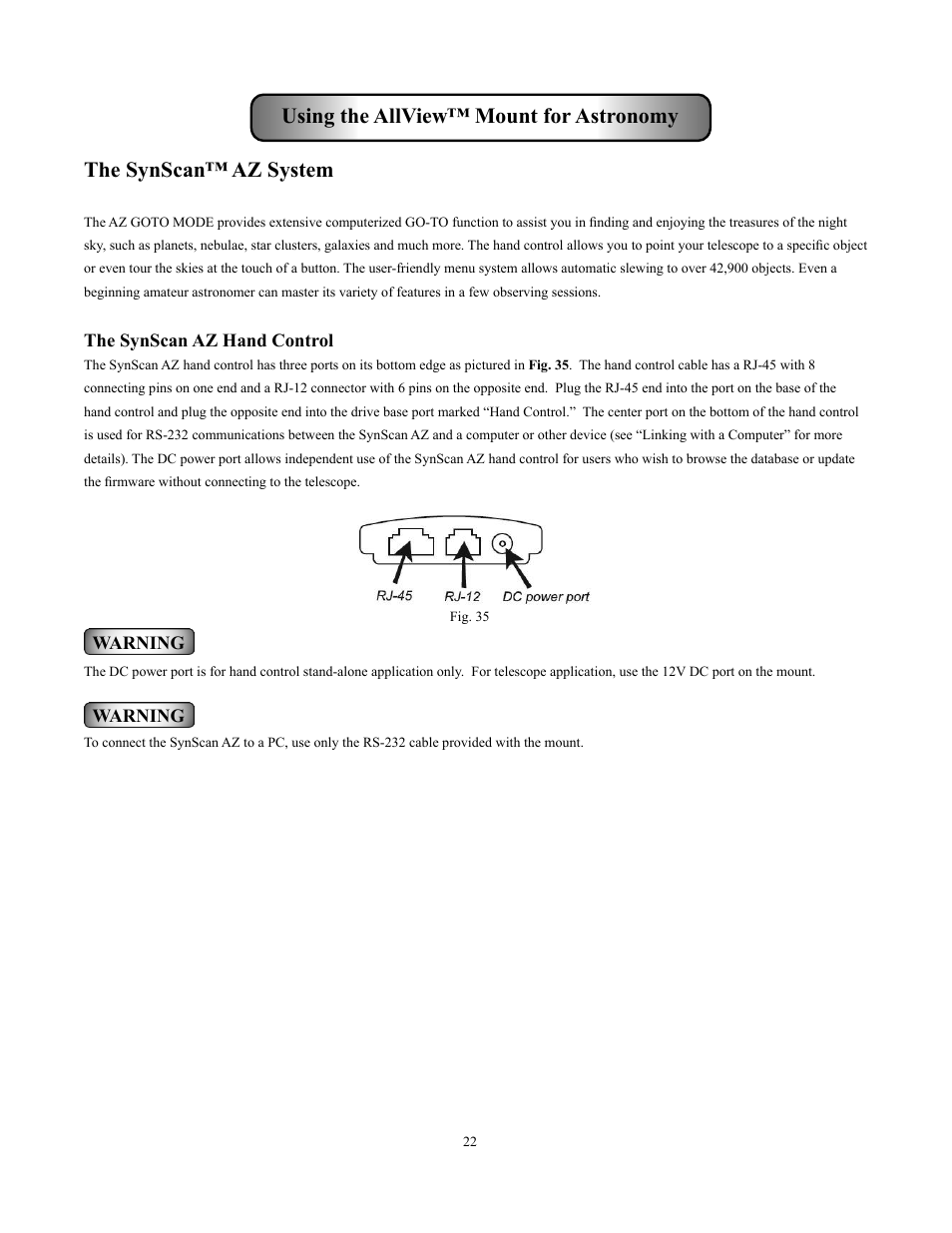 The synscan™ az system, Using the allview™ mount for astronomy | Sky-Watcher Multi-Purpose Computerized Mount User Manual | Page 22 / 44