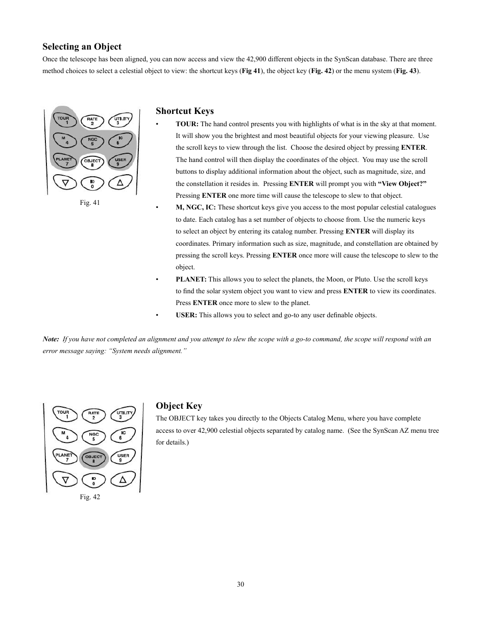 Selecting an object, Shortcut keys, Object key | Sky-Watcher Multi-Purpose Computerized Mount User Manual | Page 30 / 44