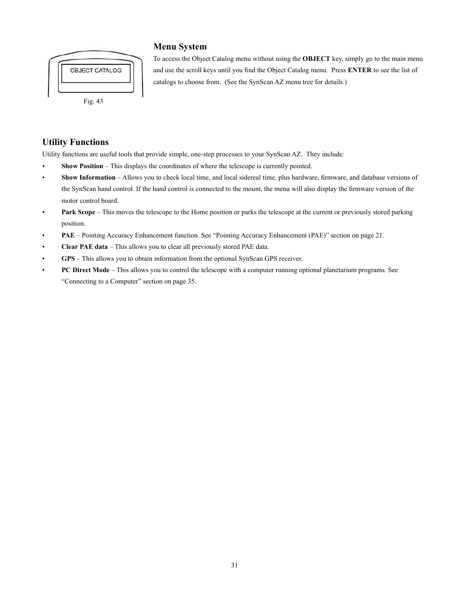 Menu system, Utility functions | Sky-Watcher Multi-Purpose Computerized Mount User Manual | Page 31 / 44