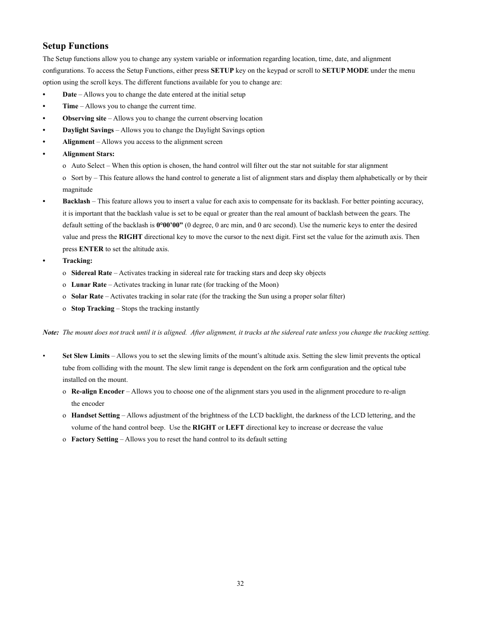Setup functions | Sky-Watcher Multi-Purpose Computerized Mount User Manual | Page 32 / 44