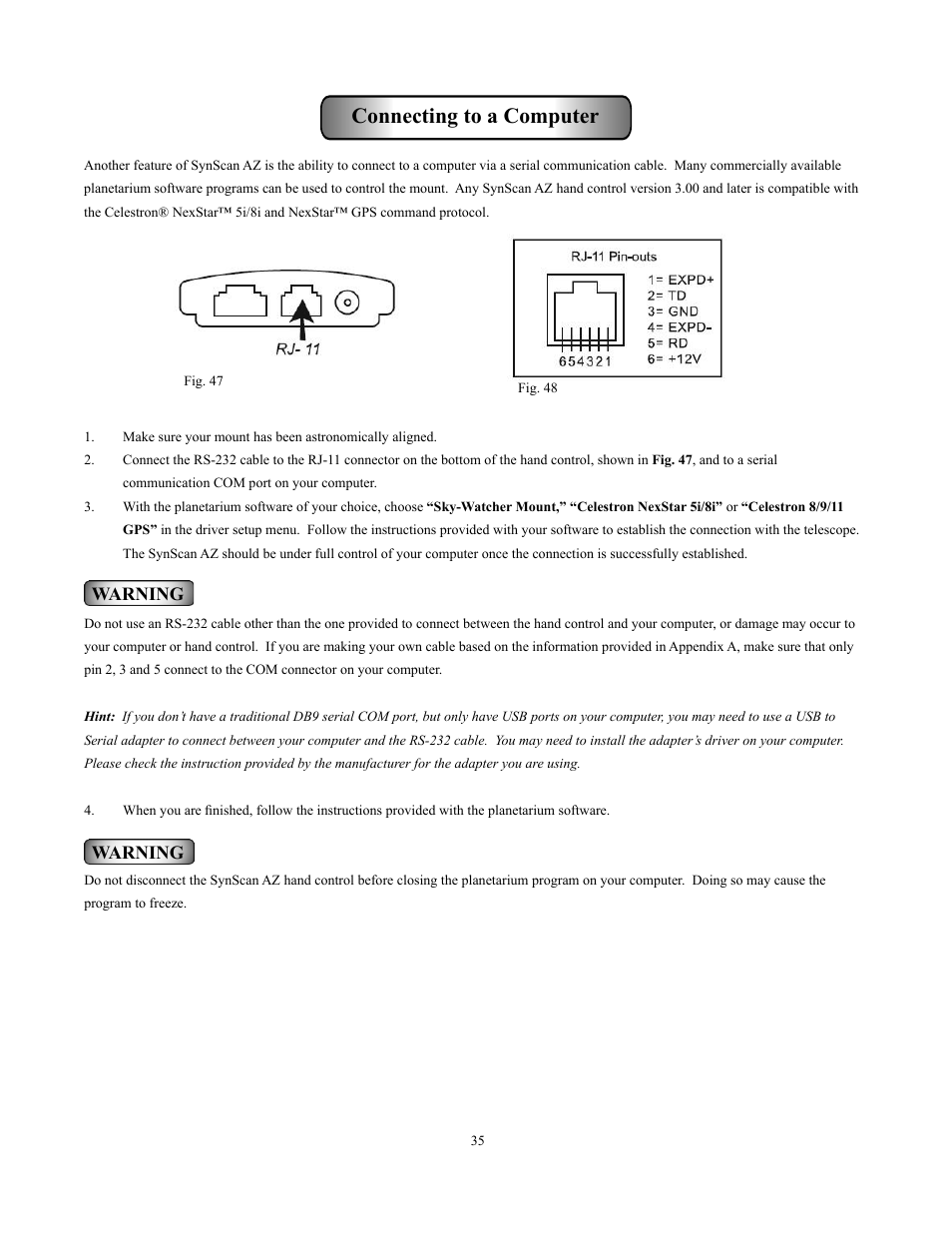 Connecting to a computer | Sky-Watcher Multi-Purpose Computerized Mount User Manual | Page 35 / 44