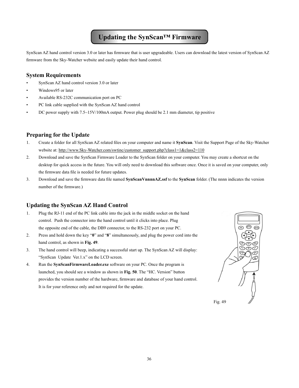 Updating the synscan™ firmware, System requirements, Preparing for the update | Updating the synscan az hand control | Sky-Watcher Multi-Purpose Computerized Mount User Manual | Page 36 / 44