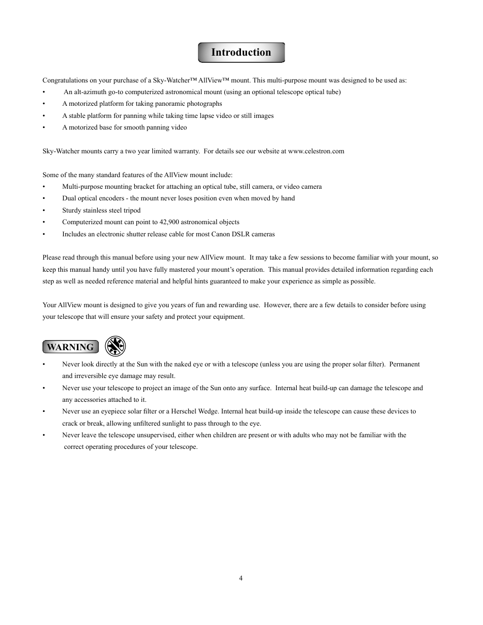 Introduction, Warning | Sky-Watcher Multi-Purpose Computerized Mount User Manual | Page 4 / 44