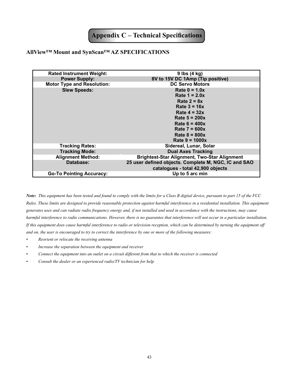 Appendix c – technical specifications | Sky-Watcher Multi-Purpose Computerized Mount User Manual | Page 43 / 44