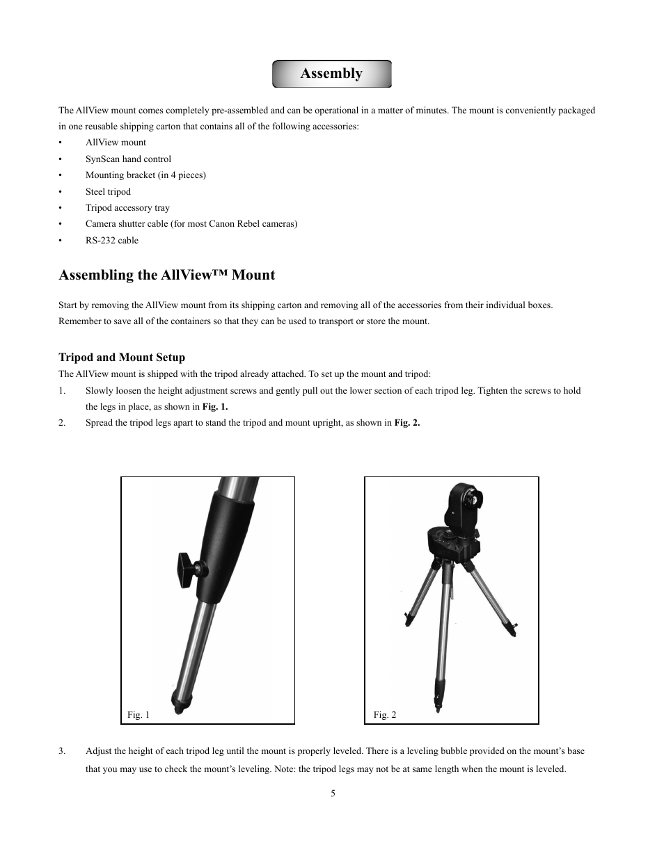 Assembling the allview™ mount, Assembly | Sky-Watcher Multi-Purpose Computerized Mount User Manual | Page 5 / 44