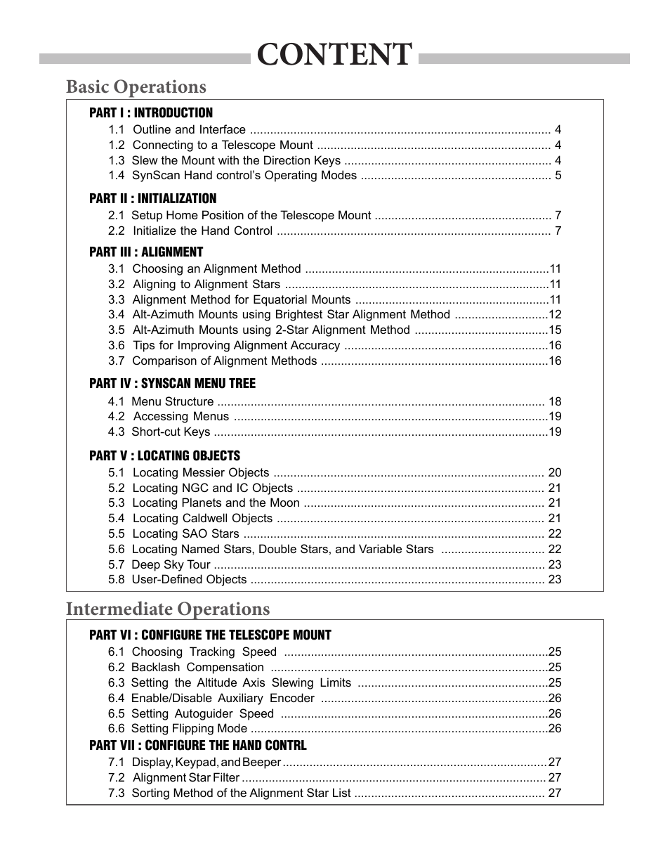 Content, Basic operations intermediate operations | Sky-Watcher SynScan V3 Hand Controller User Manual | Page 2 / 46