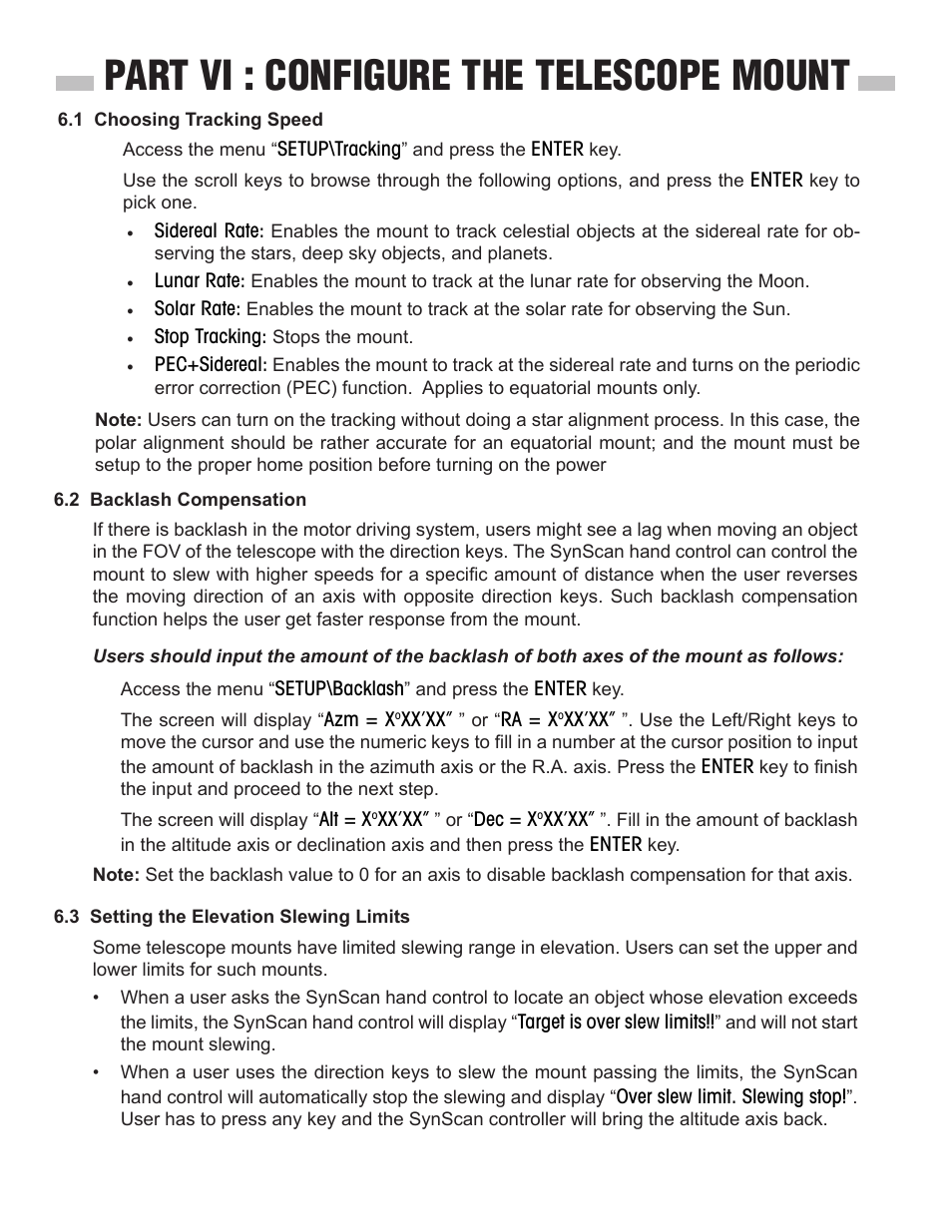 Part vi : configure the telescope mount | Sky-Watcher SynScan V4 Hand Controller User Manual | Page 25 / 46