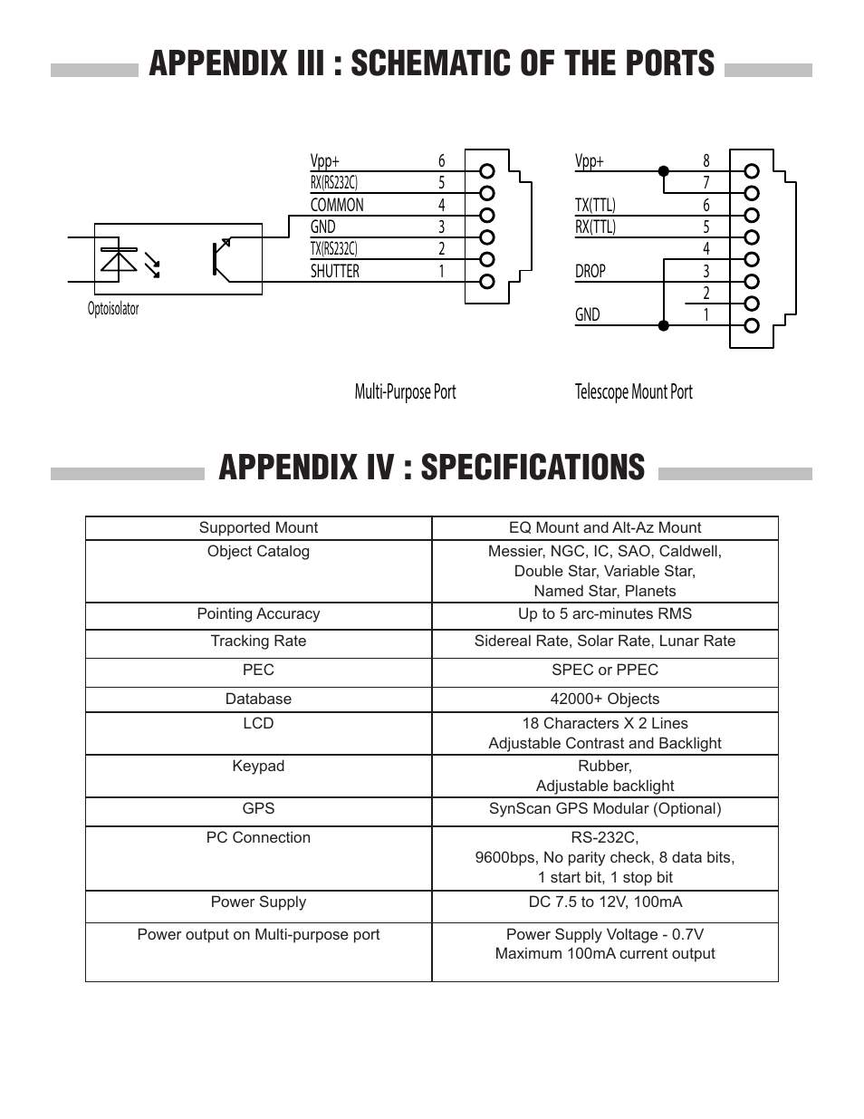 Telescope mount port, Multi-purpose port | Sky-Watcher SynScan V4 Hand Controller User Manual | Page 45 / 46