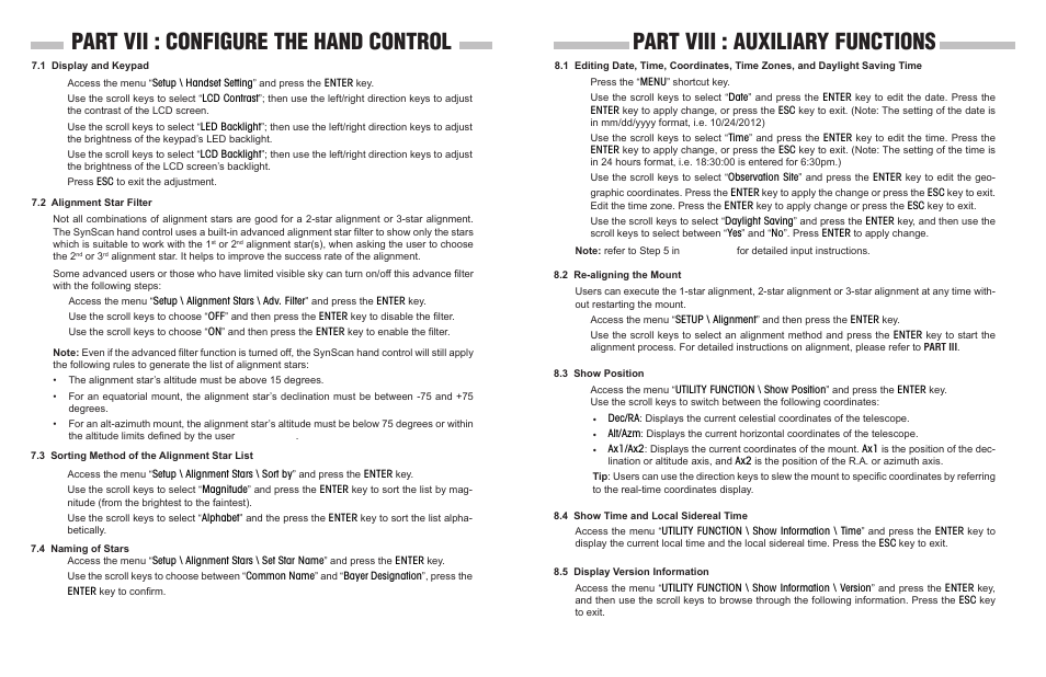 Part vii : configure the hand control, Part viii : auxiliary functions | Sky-Watcher Synscan Hand Control User Manual | Page 14 / 23
