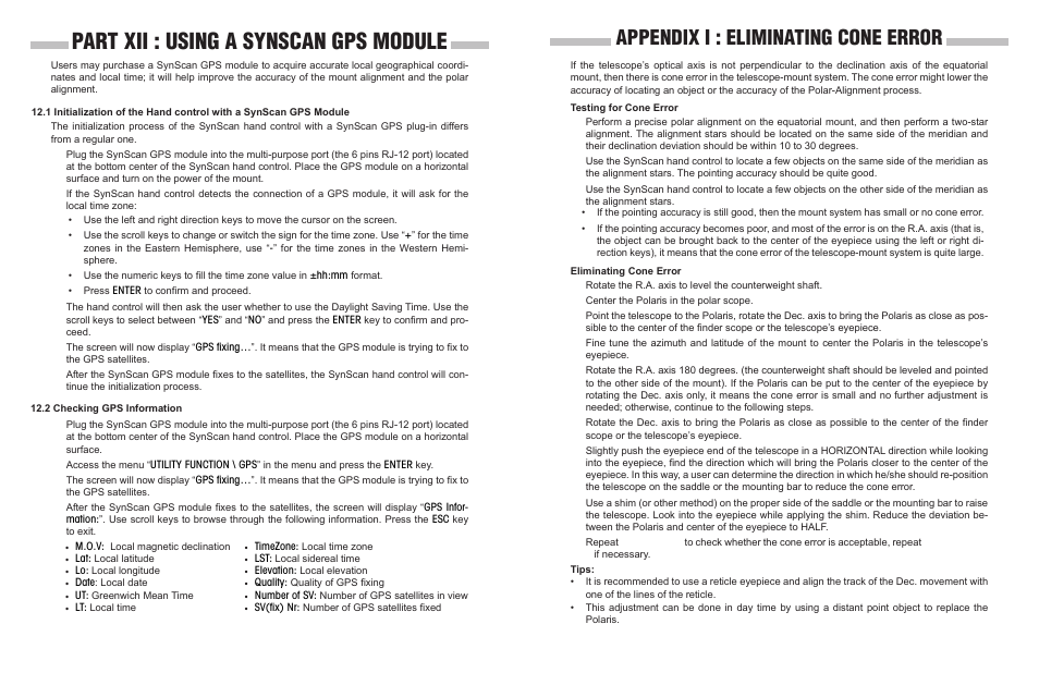 Part xii : using a synscan gps module, Appendix i : eliminating cone error | Sky-Watcher Synscan Hand Control User Manual | Page 21 / 23