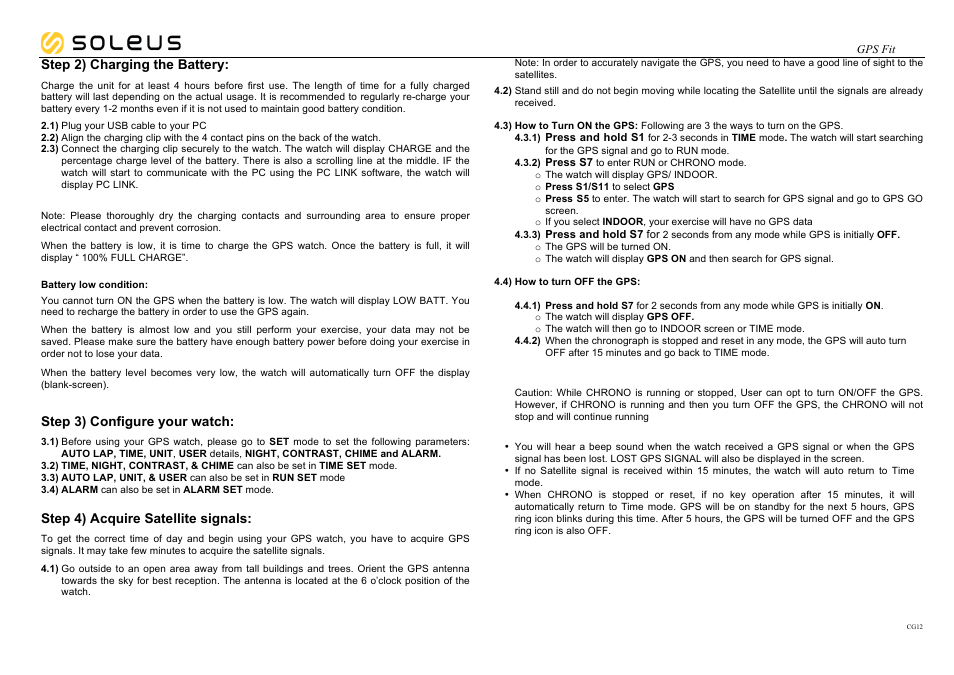 Step 2) charging the battery, Step 3) configure your watch, Step 4) acquire satellite signals | Soleus GPS Fit (SG100) User Manual | Page 2 / 11