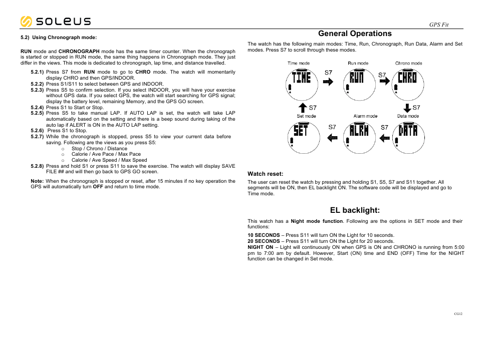 General operations, El backlight | Soleus GPS Fit (SG100) User Manual | Page 4 / 11