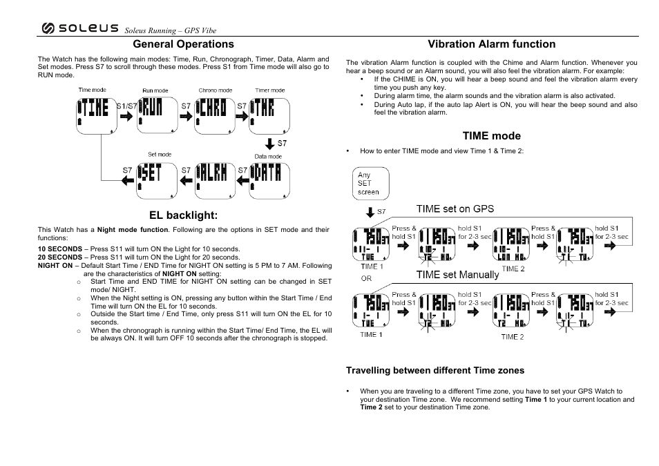General operations, El backlight, Vibration alarm function | Time mode | Soleus GPS Vibe (SG102) - Manual User Manual | Page 11 / 14