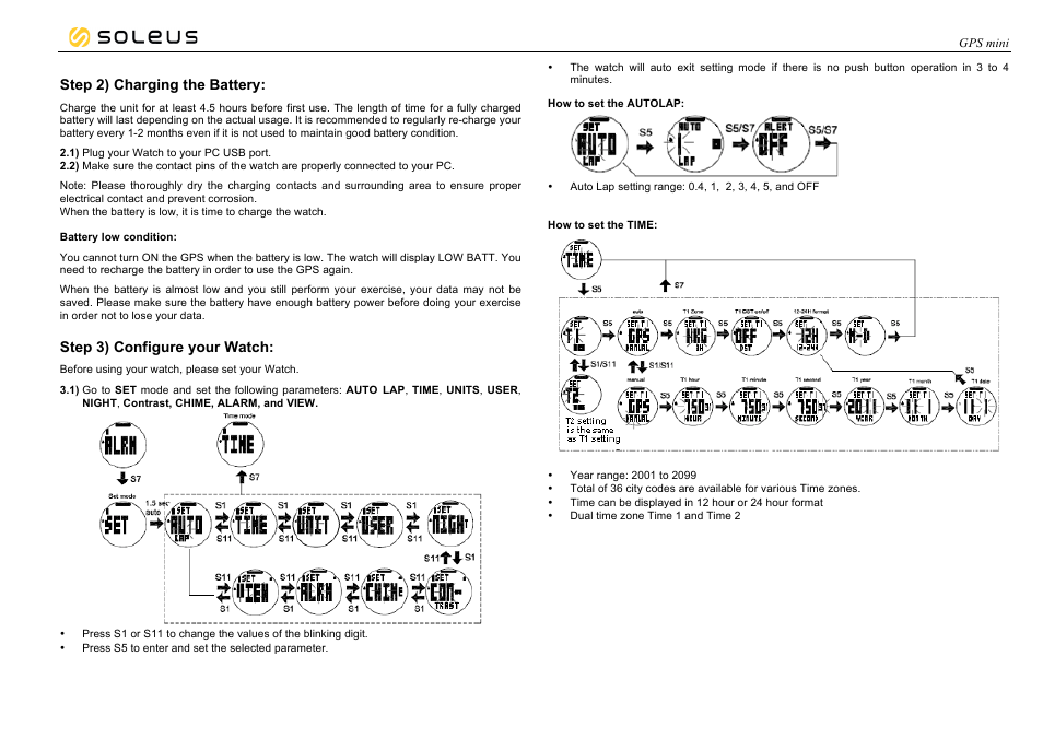 Step 2) charging the battery, Step 3) configure your watch | Soleus GPS mini (SG006) - Manual User Manual | Page 2 / 12