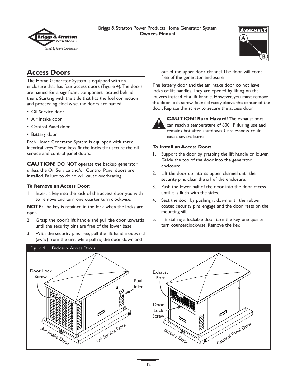 Before initial start-up, Engine oil, Oil considerations | Battery connection, Gaseous fuel system, The auto/off/manual switch, Access doors | Briggs & Stratton 1679-0 User Manual | Page 12 / 72