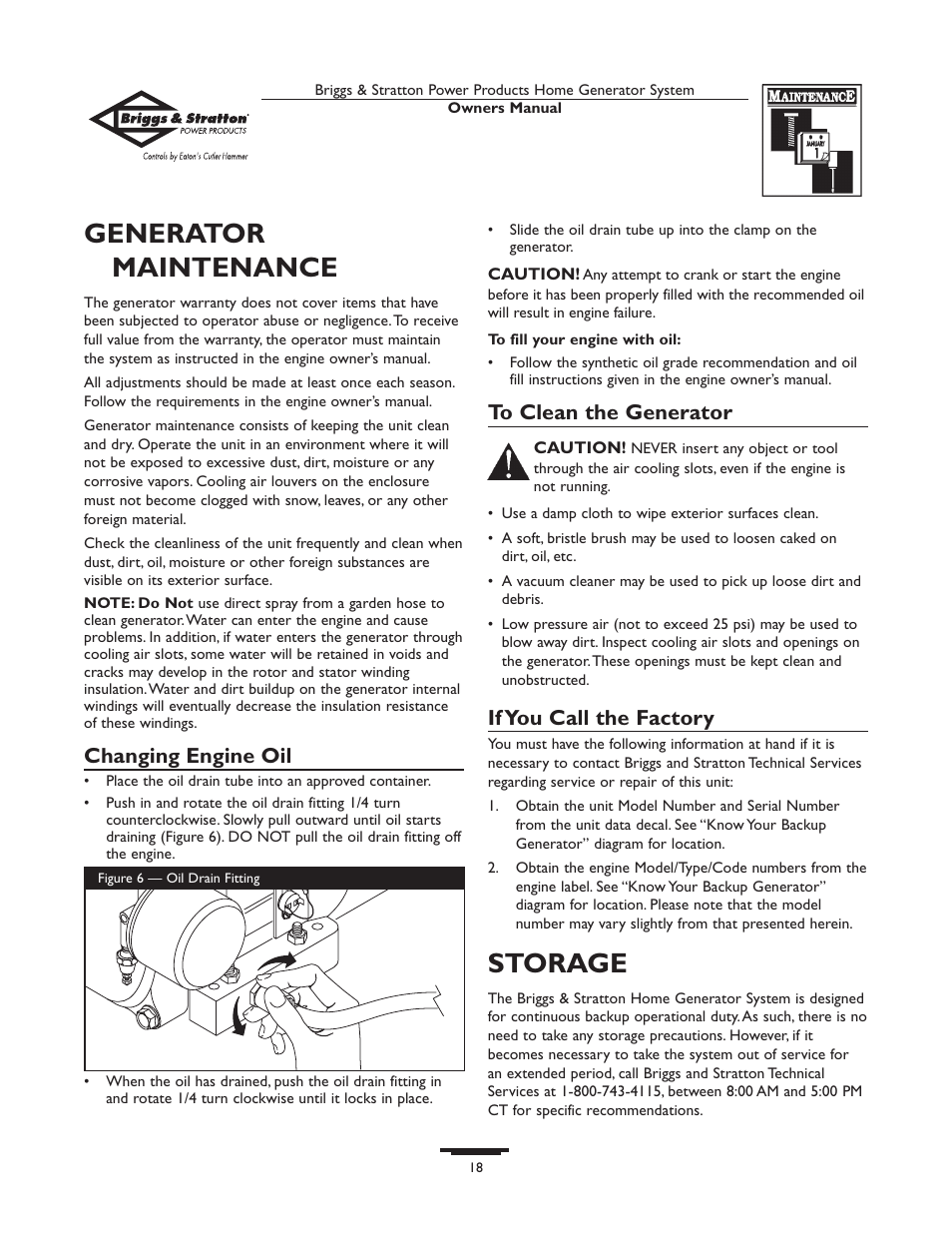 New list, Genera tor maintenance, Storage | Changing engine oil, If you call the factory | Briggs & Stratton 1679-0 User Manual | Page 18 / 72