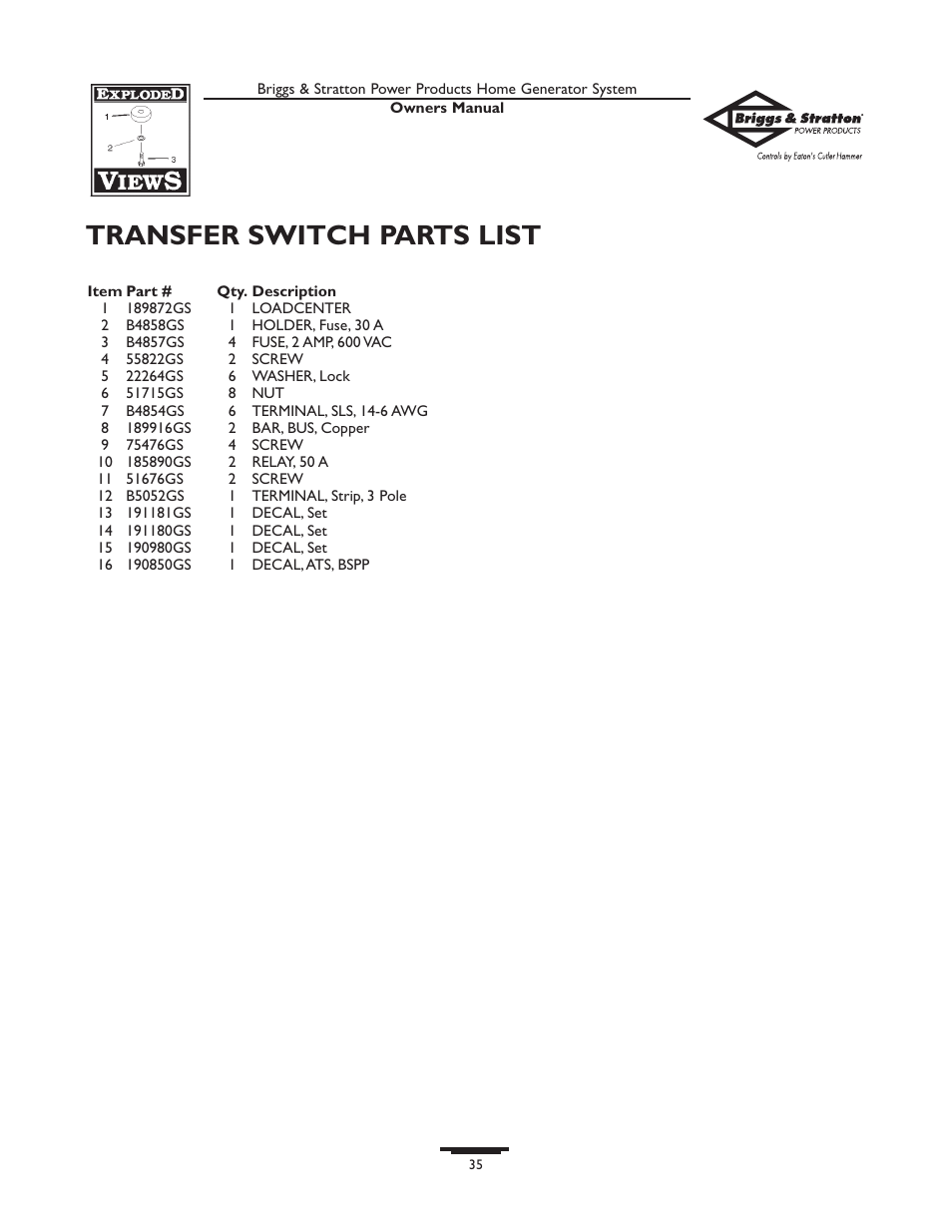 Transfer switch parts list | Briggs & Stratton 1679-0 User Manual | Page 35 / 72