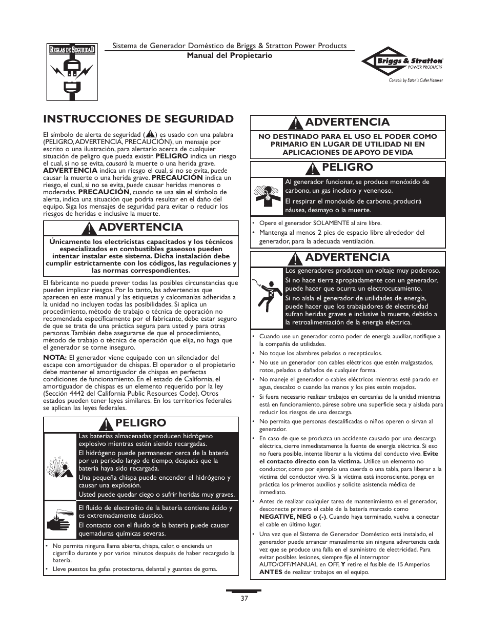 Instrucciones de seguridad, Advertencia, Peligro | Briggs & Stratton 1679-0 User Manual | Page 37 / 72