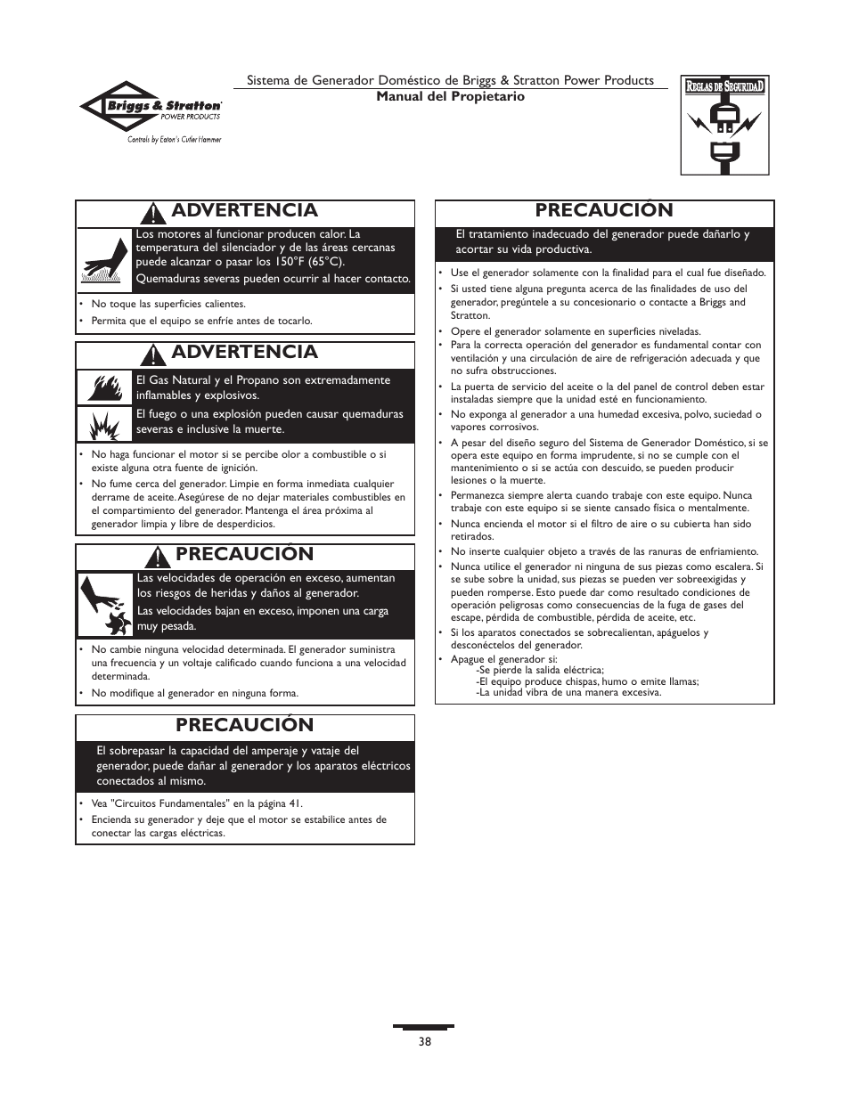 Advertencia, Precaución | Briggs & Stratton 1679-0 User Manual | Page 38 / 72