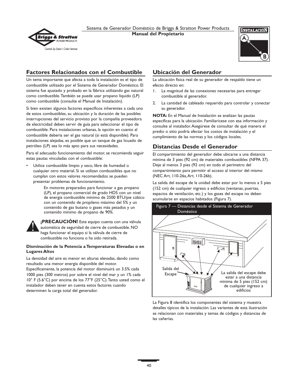 Factores relacionados con el combustible, Ubicación del generador, Distancias desde el generador | Briggs & Stratton 1679-0 User Manual | Page 40 / 72