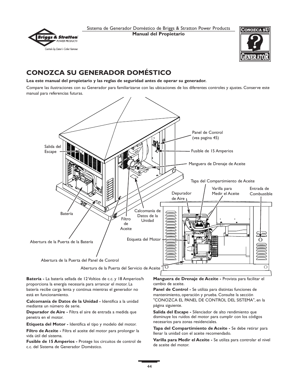 Conozca su generador doméstico | Briggs & Stratton 1679-0 User Manual | Page 44 / 72