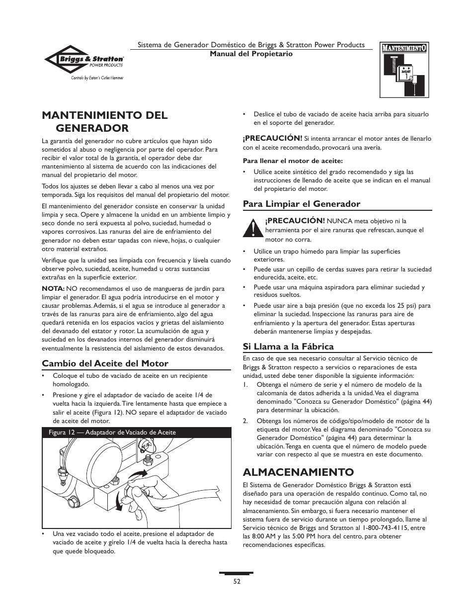 Mantenimiento del generador, Almacenamiento | Briggs & Stratton 1679-0 User Manual | Page 52 / 72