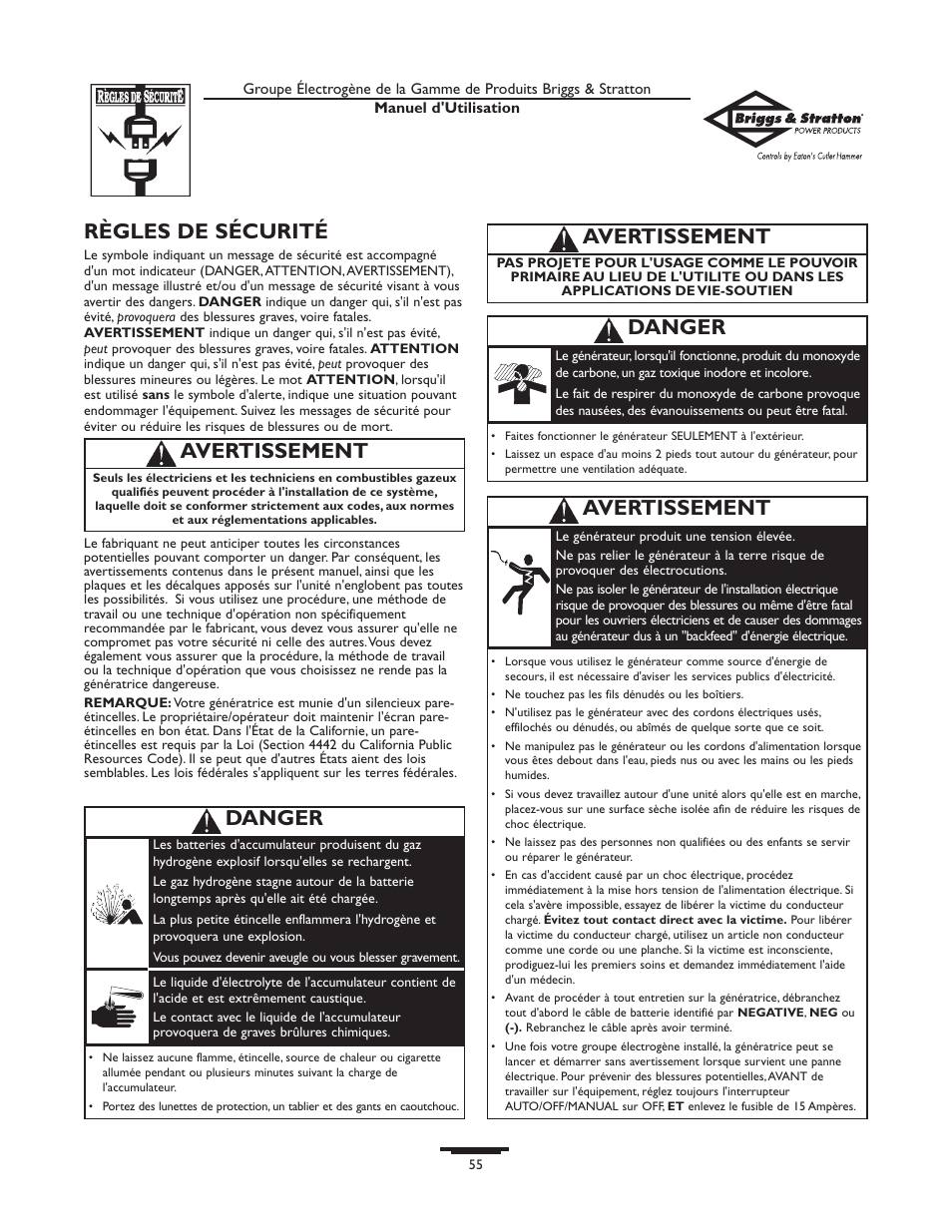 Règles de sécurité, Avertissement, Danger | Briggs & Stratton 1679-0 User Manual | Page 55 / 72
