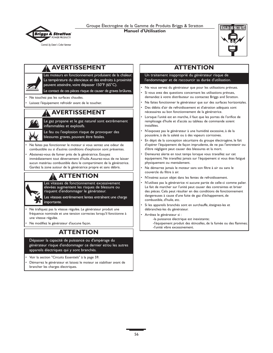 Avertissement, Attention | Briggs & Stratton 1679-0 User Manual | Page 56 / 72