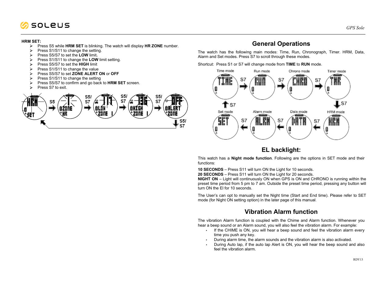 General operations, El backlight, Vibration alarm function | Soleus GPS Sole (SG007) - Manual User Manual | Page 9 / 15