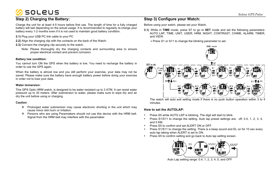 Step 2) charging the battery, Step 3) configure your watch | Soleus GPS Pulse (SG008) - Manual User Manual | Page 2 / 18