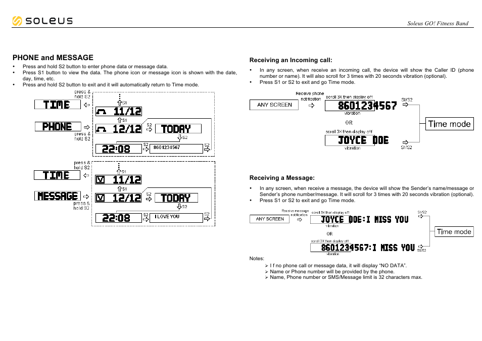 Phone and message | Soleus GO! Fitness Band (SF002) - Manual User Manual | Page 3 / 8