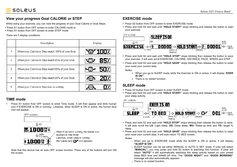 View your progress goal calorie or step, Time mode, Exercise mode | Sleep mode | Soleus GO! Fitness Band (SF002) - Manual User Manual | Page 4 / 8