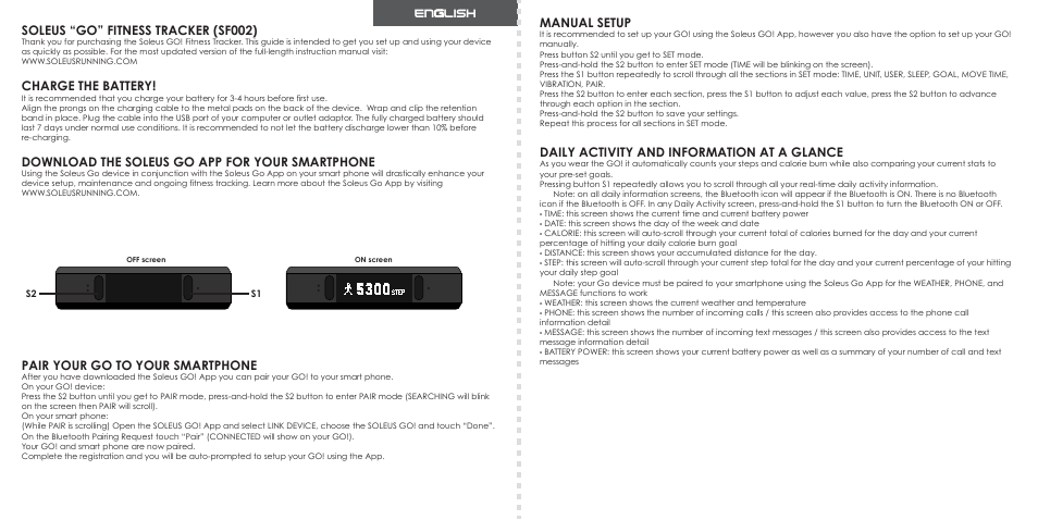 English | Soleus GO! Fitness Band (SF002) - Quick Start Guide User Manual | Page 2 / 20