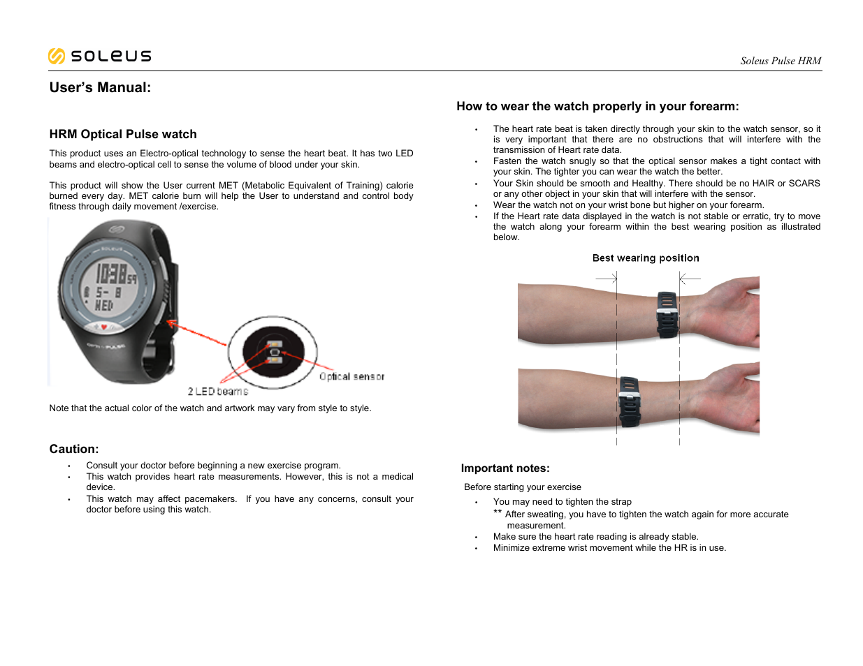 Soleus Pulse HRM (SH006) - Manual User Manual | 11 pages