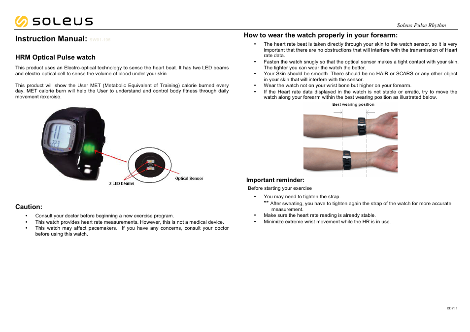 Soleus Pulse Rhythm HRM (SH010) - Manual User Manual | 10 pages
