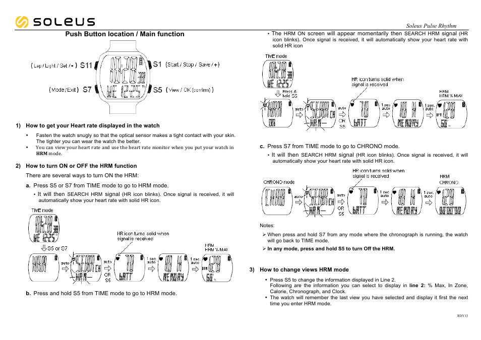 Push button location / main function | Soleus Pulse Rhythm HRM (SH010) - Manual User Manual | Page 2 / 10