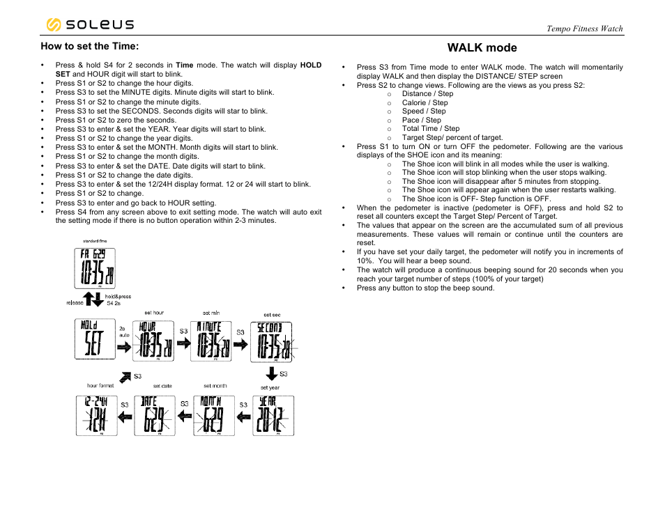 Walk mode, How to set the time | Soleus Tempo (SF001) - Manual User Manual | Page 2 / 5
