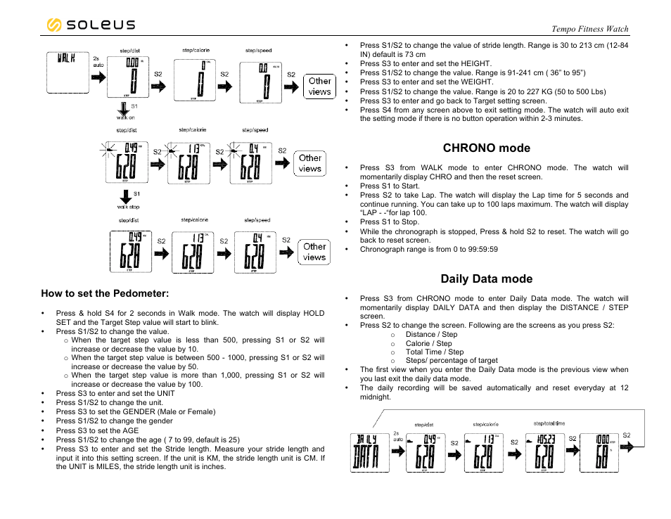 Chrono mode, Daily data mode, How to set the pedometer | Soleus Tempo (SF001) - Manual User Manual | Page 3 / 5
