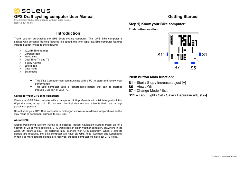 Soleus GPS Draft (SG200) - Manual User Manual | 11 pages