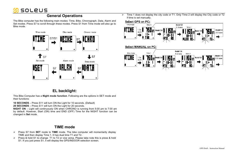 General operations, El backlight, Time mode | Soleus GPS Draft (SG200) - Manual User Manual | Page 5 / 11
