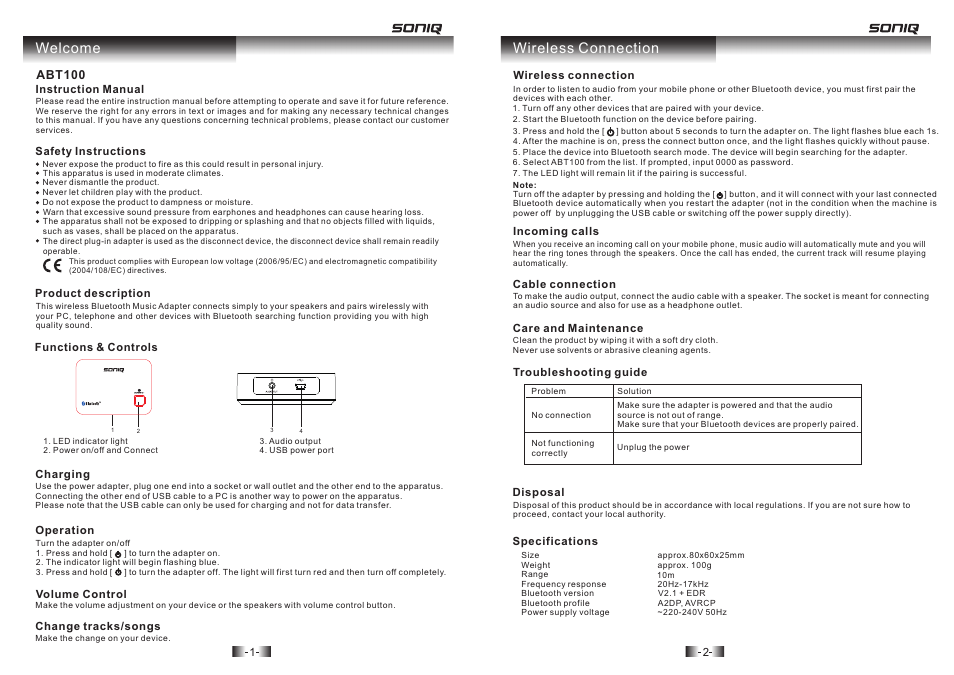 Welcome, Wireless connection, Safety instructions | SONIQ ABT100 User Manual | Page 2 / 2