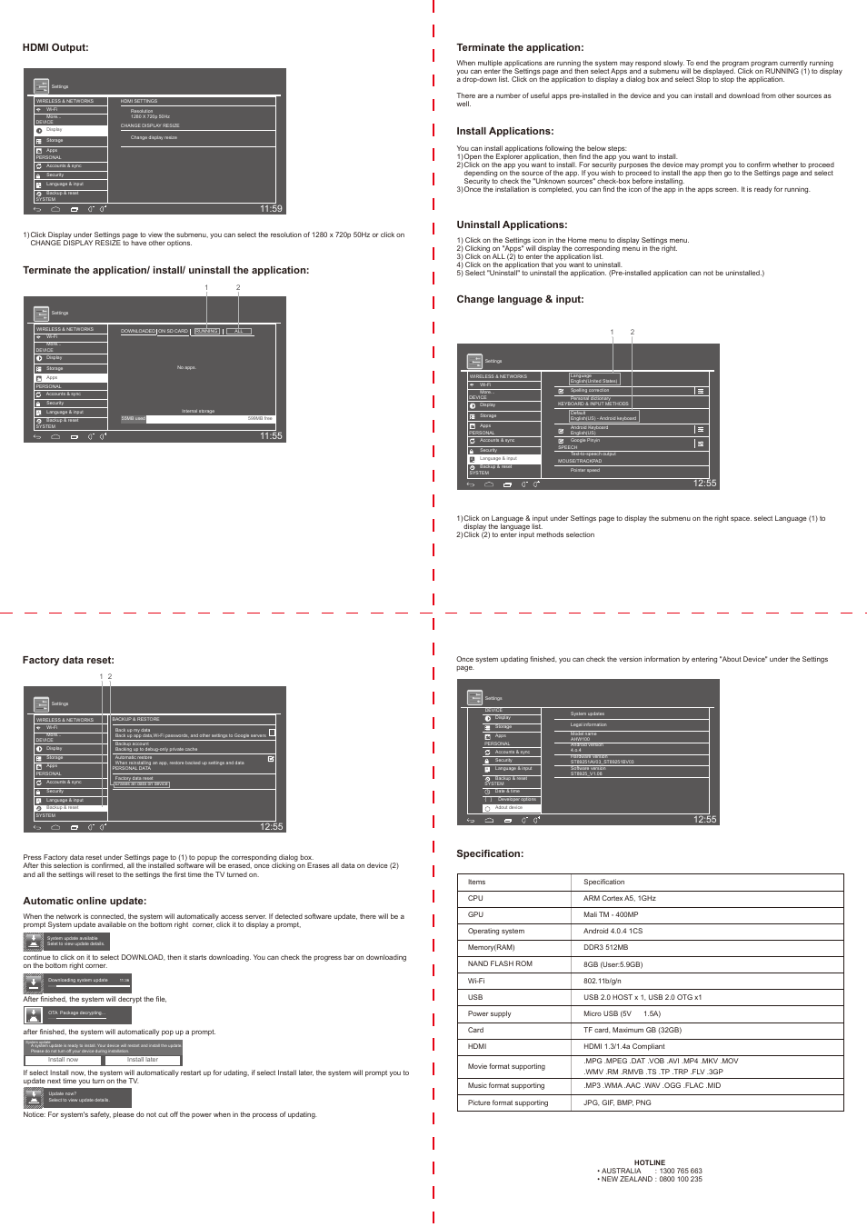 Automatic online update, Factory data reset: terminate the application, Install applications | Uninstall applications, Change language & input, Hdmi output, Specification | SONIQ AHW100 User Manual | Page 2 / 2