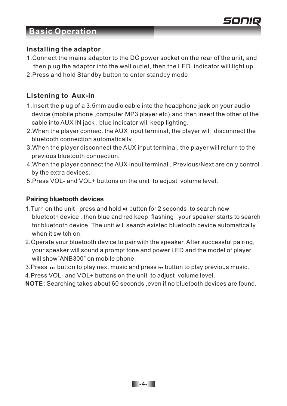 Basic operation | SONIQ ANB300 User Manual | Page 5 / 7