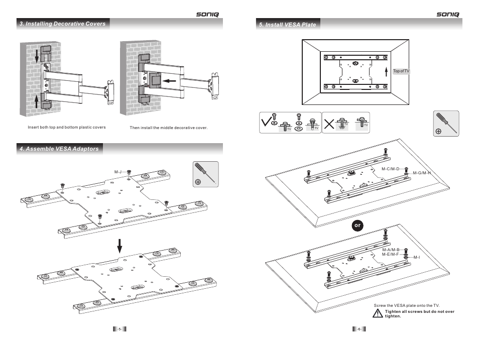 Assemble vesa adaptors, Installing decorative covers 5. install vesa plate | SONIQ AWM1521 User Manual | Page 4 / 6