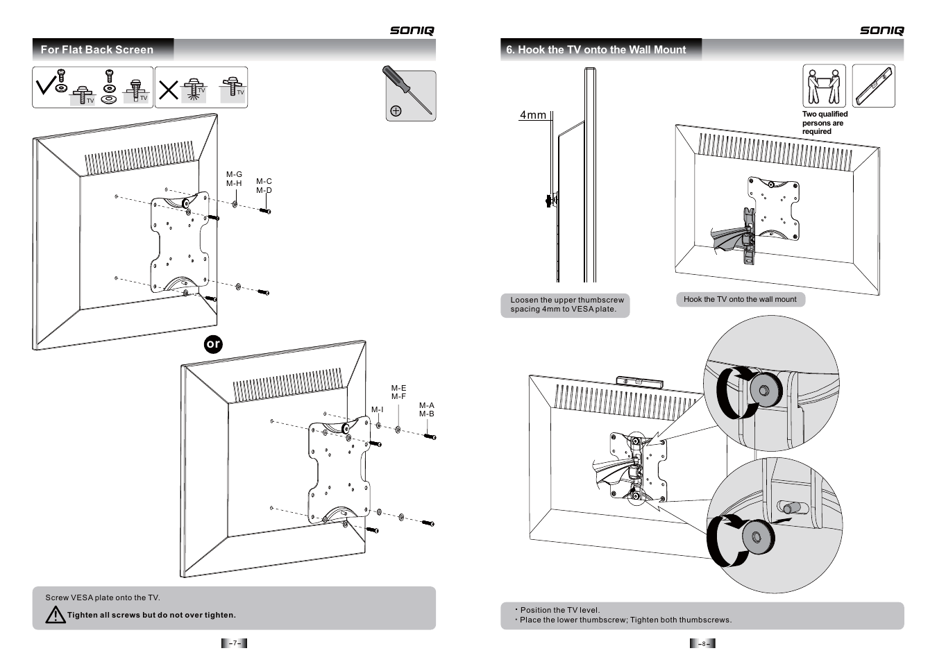For flat back screen, Hook the tv onto the wall mount | SONIQ AWM1701 User Manual | Page 5 / 6