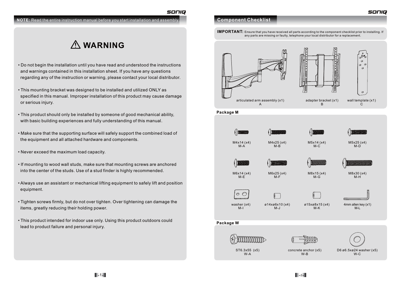 Warning | SONIQ AWM2301 User Manual | Page 2 / 6